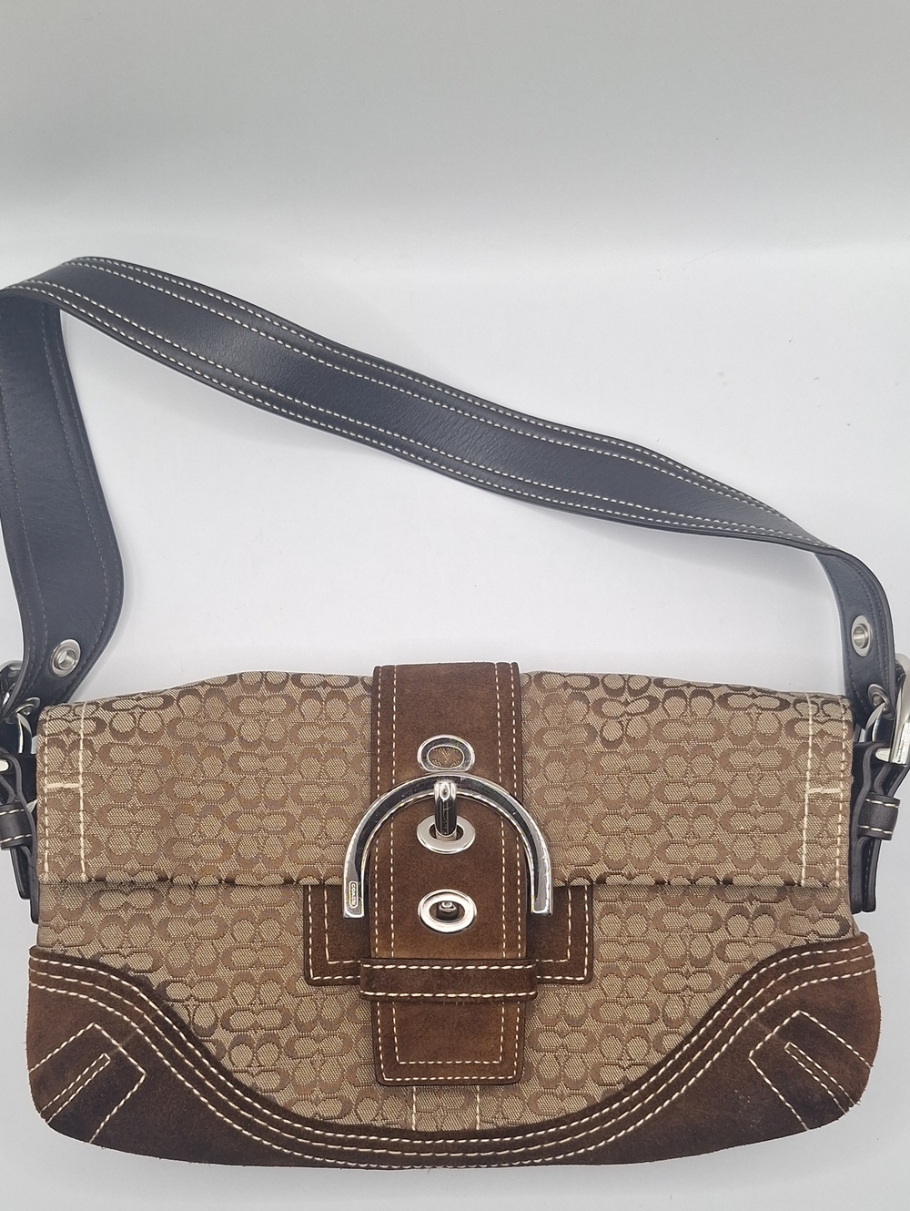 Vintage Coach Soho Signature Flap Bag Suede Trim Brown Y2K 3628